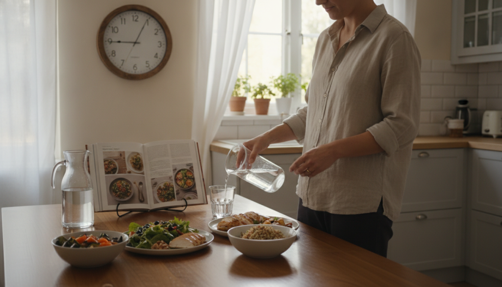 A visually appealing kitchen scene illustrating time-restricted eating: In the foreground, a wooden dining table is elegantly set with a healthy meal featuring a colorful salad, grilled chicken, and whole grains, all beautifully plated. In the middle, a clock hangs on the wall, prominently displaying an evening time, signifying the end of a fasting period. Nearby, a health-focused cookbook is open, showcasing recipes for nutritious meals. In the background, soft natural light filters through a window, creating a warm atmosphere. The mood is calm and inviting, indicating a mindful approach to eating. A person, casually dressed in modest attire, is seen pouring a glass of water, embodying balance and wellness, while looking thoughtfully at the meal. The focus is clear, with a shallow depth of field emphasizing the food while keeping the person slightly blurred, enhancing the serene ambiance. A visually appealing kitchen scene illustrating time-restricted eating: In the foreground, a wooden dining table is elegantly set with a healthy meal featuring a colorful salad, grilled chicken, and whole grains, all beautifully plated. In the middle, a clock hangs on the wall, prominently displaying an evening time, signifying the end of a fasting period. Nearby, a health-focused cookbook is open, showcasing recipes for nutritious meals. In the background, soft natural light filters through a window, creating a warm atmosphere. The mood is calm and inviting, indicating a mindful approach to eating. A person, casually dressed in modest attire, is seen pouring a glass of water, embodying balance and wellness, while looking thoughtfully at the meal. The focus is clear, with a shallow depth of field emphasizing the food while keeping the person slightly blurred, enhancing the serene ambiance.