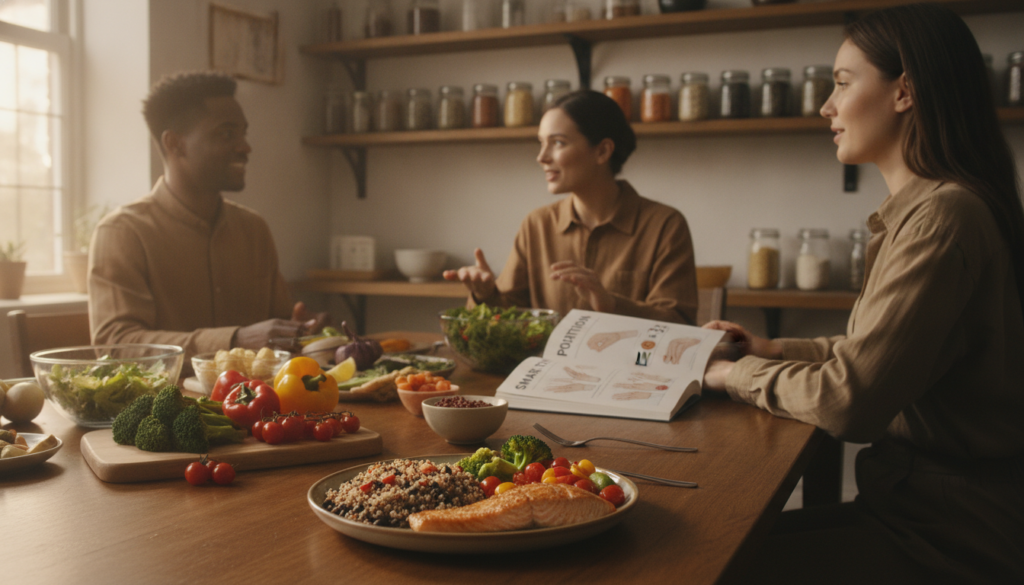 A warm and inviting kitchen setting, showcasing a beautifully arranged wooden dining table with a variety of colorful foods representing evidence-based dietary guidelines. In the foreground, a well-organized plate featuring a balanced meal comprised of lean protein, whole grains, and vibrant vegetables. In the middle, professional individuals in modest casual clothing are discussing meal preparation, with one holding a recipe book open to a page about smart portion sizes. The background features shelves lined with jars of whole foods, herbs, and spices, illuminated by soft natural light from a window, creating a cozy atmosphere that encourages healthy eating. The overall mood is educational and inspiring, embodying the essence of translating nutrition research into everyday meals. A warm and inviting kitchen setting, showcasing a beautifully arranged wooden dining table with a variety of colorful foods representing evidence-based dietary guidelines. In the foreground, a well-organized plate featuring a balanced meal comprised of lean protein, whole grains, and vibrant vegetables. In the middle, professional individuals in modest casual clothing are discussing meal preparation, with one holding a recipe book open to a page about smart portion sizes. The background features shelves lined with jars of whole foods, herbs, and spices, illuminated by soft natural light from a window, creating a cozy atmosphere that encourages healthy eating. The overall mood is educational and inspiring, embodying the essence of translating nutrition research into everyday meals.