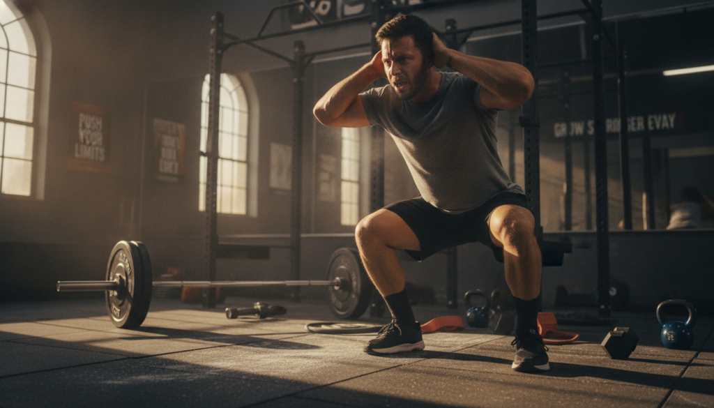 A well-equipped gym setting featuring a dedicated individual performing breathing squats. In the foreground, the focus is on a person in modest athletic wear, deeply engaged in the squat, showcasing their determination and effort. The middle ground highlights gym equipment, like a barbell and weights strategically placed, emphasizing the intensity of a high-volume leg workout. In the background, soft-focused gym mirrors and motivational posters create an inspiring atmosphere, bathed in warm, natural light filtering in from large windows. The overall mood is one of concentration and resilience, capturing the essence of recovery and strength building after an intense leg day session. The angle should be slightly low, providing a dynamic perspective on the squat, with shadows adding depth to the scene. A well-equipped gym setting featuring a dedicated individual performing breathing squats. In the foreground, the focus is on a person in modest athletic wear, deeply engaged in the squat, showcasing their determination and effort. The middle ground highlights gym equipment, like a barbell and weights strategically placed, emphasizing the intensity of a high-volume leg workout. In the background, soft-focused gym mirrors and motivational posters create an inspiring atmosphere, bathed in warm, natural light filtering in from large windows. The overall mood is one of concentration and resilience, capturing the essence of recovery and strength building after an intense leg day session. The angle should be slightly low, providing a dynamic perspective on the squat, with shadows adding depth to the scene.