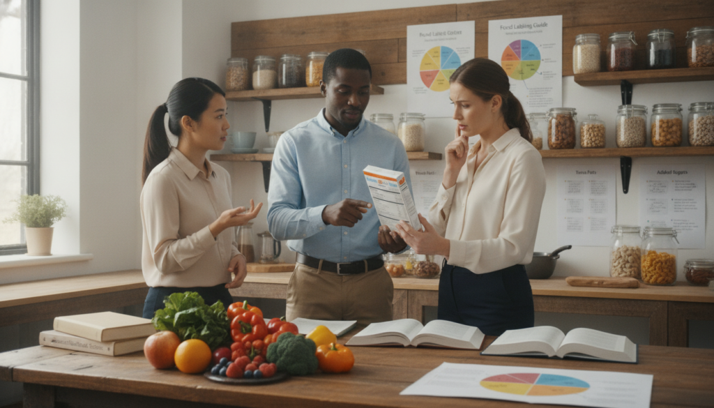 A well-lit, informative kitchen setting that emphasizes the theme of nutrition education. In the foreground, a diverse group of three professionals (a woman of Asian descent, a man of African descent, and a Caucasian woman) dressed in modest business casual attire, actively discussing food labels and nutritional information, with a focus on a colorful assortment of fruits and vegetables displayed on the table. In the middle ground, open books and charts featuring nutrition guidelines and claims are scattered, creating a dynamic learning environment. The background features shelves with jars of whole grains, legumes, and healthy snacks, bathed in soft, natural lighting, creating a warm and inviting atmosphere. The overall mood is collaborative and educational, reflecting the importance of evaluating nutrition claims contextually. A well-lit, informative kitchen setting that emphasizes the theme of nutrition education. In the foreground, a diverse group of three professionals (a woman of Asian descent, a man of African descent, and a Caucasian woman) dressed in modest business casual attire, actively discussing food labels and nutritional information, with a focus on a colorful assortment of fruits and vegetables displayed on the table. In the middle ground, open books and charts featuring nutrition guidelines and claims are scattered, creating a dynamic learning environment. The background features shelves with jars of whole grains, legumes, and healthy snacks, bathed in soft, natural lighting, creating a warm and inviting atmosphere. The overall mood is collaborative and educational, reflecting the importance of evaluating nutrition claims contextually.