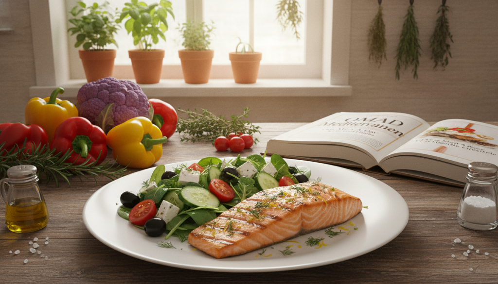 A beautifully arranged Mediterranean meal focused on keto-friendly ingredients. In the foreground, a vibrant plate features grilled salmon garnished with fresh herbs, alongside a colorful salad made of mixed greens, cherry tomatoes, olives, and feta cheese, all drizzled with olive oil. In the middle ground, a rustic wooden table holds a cookbook opened to a page about OMAD (One Meal A Day) recipes, with fresh vegetables scattered around, creating an inviting atmosphere. The background shows a sunlit kitchen with terracotta pots and hanging herbs, enhancing the Mediterranean ambiance. The lighting is warm and soft, creating a cozy mood. The angle captures the meal from a slightly elevated perspective, emphasizing the freshness and appeal of the ingredients.