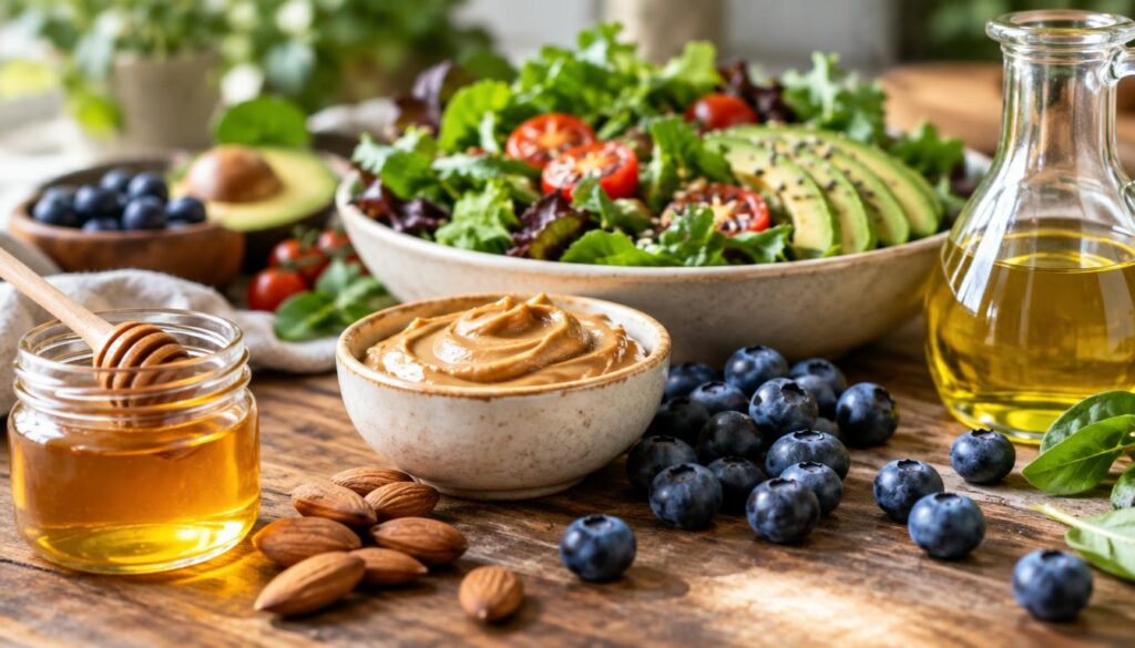 A beautifully arranged assortment of nourishing foods featuring creamy peanut butter in a small dish, plump blueberries scattered elegantly beside it, and a drizzle of golden olive oil glistening on a rustic wooden table. In the foreground, a glass jar of honey and a few almonds add texture and contrast. The middle ground includes a vibrant green leafy salad with cherry tomatoes and slices of avocado, showcasing a variety of colors. Soft, natural light bathes the scene, enhancing the freshness of the ingredients, with a shallow depth of field that softly blurs the background. This inviting, wholesome setting conveys a sense of health and vitality, perfect for illustrating a guide on nutrient-dense foods.