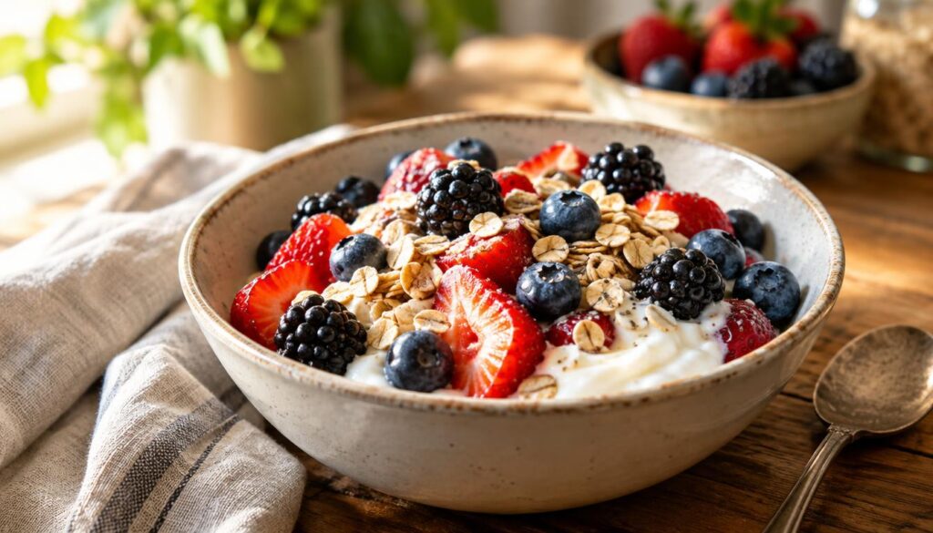 A beautifully arranged bowl of creamy Greek yogurt, topped generously with an assortment of vibrant berries—hints of ripe red strawberries, juicy blueberries, and plump blackberries—intermixed with wholesome oats sprinkled on top. In the foreground, focus on the texture of the yogurt and the freshness of the fruit, with drops of condensation highlighting their juiciness. In the middle ground, include a rustic wooden table setting, perhaps with a soft linen cloth draped elegantly beside the bowl. The background can fade softly, with a hint of fresh greenery or a blurred kitchen setting, evoking a healthy, homey atmosphere. Light warmly illuminates the scene from the side, creating soft shadows that enhance the inviting feel of a nutritious, filling meal perfect for those simplifying their diet. Aim for a serene and wholesome mood.