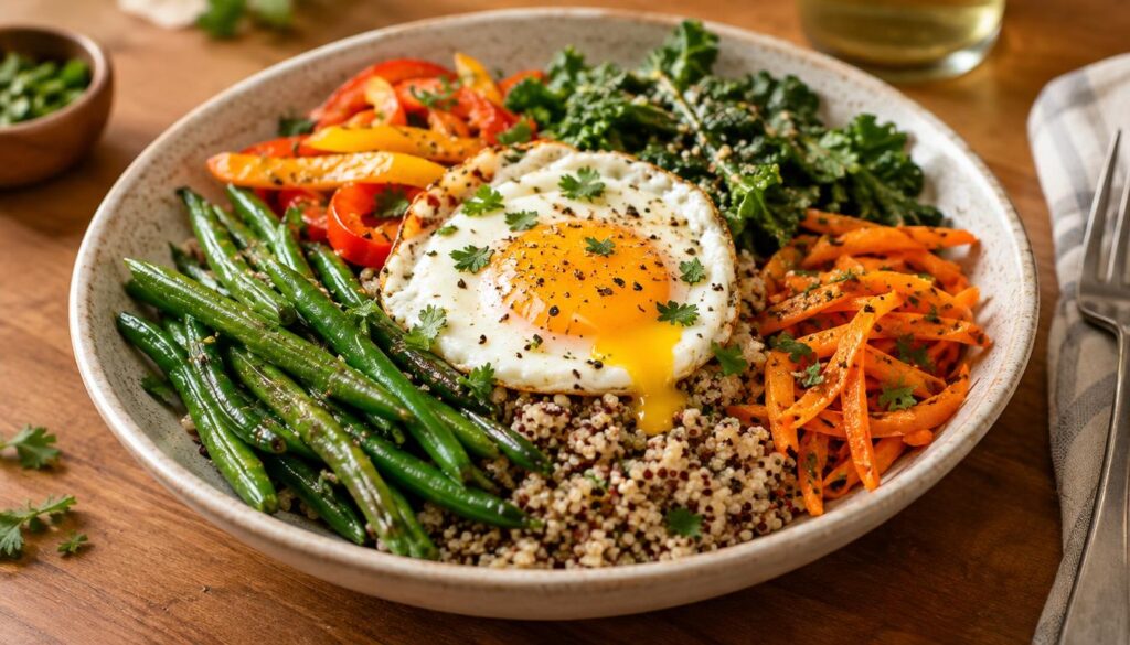 A beautifully arranged plate featuring a medley of whole foods: shiny, fresh green beans, earthy grains like quinoa or brown rice, and vibrant vegetables such as bell peppers, carrots, and leafy greens. At the center, a perfectly cooked egg with a runny yolk, garnished with a sprinkle of herbs. The background is softly blurred to emphasize the dish while maintaining a natural wooden table setting. Warm, natural lighting creates an inviting and wholesome atmosphere, highlighting the colors and textures of the ingredients. The composition is shot from a slightly elevated angle to capture the entirety of the meal, evoking a feeling of simplicity, health, and nourishment.