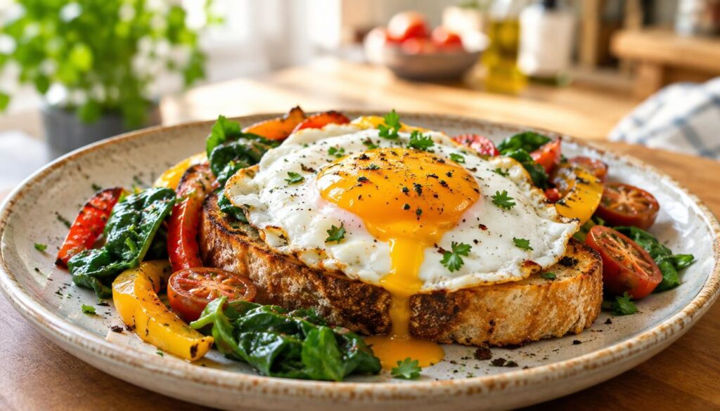 A beautifully plated egg served sunny-side up on a slice of golden toasted artisan bread, garnished with a colorful assortment of sautéed vegetables including vibrant bell peppers, spinach, and cherry tomatoes. The foreground features the egg glistening with a runny yolk, showcasing rich textures and fresh ingredients. In the middle, the toast is lightly charred, exuding warmth and appetizing aromas, surrounded by the medley of vegetables adding bright colors. The background has a softly blurred kitchen setting, with natural light streaming in, creating a warm and inviting atmosphere. The composition is shot from a slightly elevated angle, capturing the enticing details of the meal, evoking a sense of health and nourishment, ideal for a wholesome lifestyle theme.