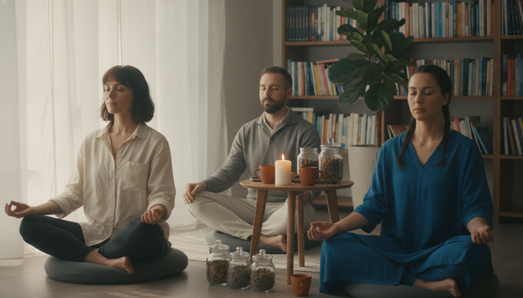 A calm indoor meditation space with soft natural light filtering through sheer curtains. In the foreground, a diverse group of three individuals—two women and one man—sitting in a cross-legged position on comfortable meditation cushions with serene expressions. Each person is dressed in modest, professional casual attire, focused on their breathing. In the middle ground, a small table holds a lit candle and an assortment of calming herbal teas. A gentle, indoor plant is placed beside them to enhance tranquility. In the background, a subtle, softly blurred bookshelf with mindfulness books creates an atmosphere of peace. The scene conveys a sense of focus and serenity, illustrating the importance of returning to the practice amid distractions. A calm indoor meditation space with soft natural light filtering through sheer curtains. In the foreground, a diverse group of three individuals—two women and one man—sitting in a cross-legged position on comfortable meditation cushions with serene expressions. Each person is dressed in modest, professional casual attire, focused on their breathing. In the middle ground, a small table holds a lit candle and an assortment of calming herbal teas. A gentle, indoor plant is placed beside them to enhance tranquility. In the background, a subtle, softly blurred bookshelf with mindfulness books creates an atmosphere of peace. The scene conveys a sense of focus and serenity, illustrating the importance of returning to the practice amid distractions.