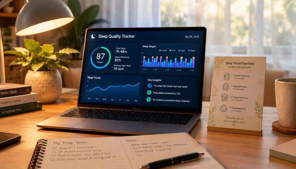 A cozy, modern home workspace featuring a sleek desk with a high-tech sleep quality tracker on a computer screen, displaying colorful graphs and statistics. Beside it, a stylish reminder card for daily throat exercises rests elegantly. The foreground shows a soft, inviting desk lamp casting warm light over a small potted plant and a notebook full of notes. In the middle, the sleep tracker and reminder card are highlighted, inviting attention. The background features a softly blurred window with gentle sunlight filtering through sheer curtains, creating a serene and motivating atmosphere. The scene conveys a sense of calm determination, perfect for emphasizing the benefits of exercise for sleep health.
