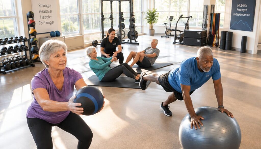 A diverse group of older adults engaging in functional fitness exercises in a well-lit, open gym environment. In the foreground, a senior woman with short hair lifts a small medicine ball, showcasing focus and determination. Beside her, a senior man performs a balance exercise on a stability ball, highlighting strength and stability. In the middle ground, a personal trainer, dressed in professional casual attire, offers guidance to a couple working on core stretches. The background features fitness equipment and bright, natural light streaming in through large windows, creating an uplifting, energetic atmosphere. The overall mood emphasizes empowerment, mobility, and independence, with warm tones enhancing a sense of longevity and vitality. The angle is slightly elevated, providing a comprehensive view of the participants and their exercises, while maintaining a safe and respectful depiction. A diverse group of older adults engaging in functional fitness exercises in a well-lit, open gym environment. In the foreground, a senior woman with short hair lifts a small medicine ball, showcasing focus and determination. Beside her, a senior man performs a balance exercise on a stability ball, highlighting strength and stability. In the middle ground, a personal trainer, dressed in professional casual attire, offers guidance to a couple working on core stretches. The background features fitness equipment and bright, natural light streaming in through large windows, creating an uplifting, energetic atmosphere. The overall mood emphasizes empowerment, mobility, and independence, with warm tones enhancing a sense of longevity and vitality. The angle is slightly elevated, providing a comprehensive view of the participants and their exercises, while maintaining a safe and respectful depiction.