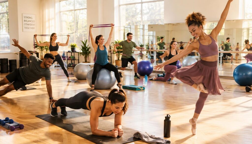 A dynamic fitness studio scene featuring a group of diverse individuals in modest athletic wear engaging in core strength exercises, seamlessly integrated with dance movements. In the foreground, show a woman executing a plank pose while another person performs a graceful pirouette, highlighting the fusion of strength and dance. In the middle, include a variety of fun exercise equipment like stability balls and resistance bands. The background should depict a spacious, bright studio with mirrors reflecting the participants, and soft sunlight streaming in through large windows. Capture the energy and joy in the atmosphere, with warm lighting casting a friendly and inviting glow. The angle should be slightly elevated to encompass the entire group and convey a sense of community and movement.