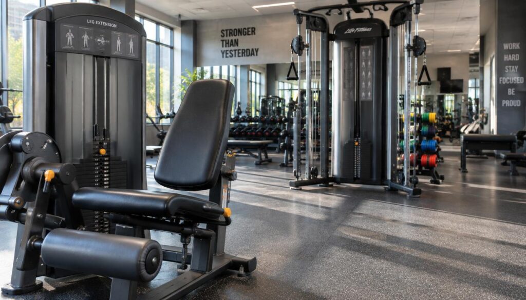 A fitness gym interior showcasing a leg extension machine and a cable fly setup. In the foreground, a well-equipped leg extension machine focuses on the padded seat and adjustable weight stack, emphasizing ergonomic design. In the middle ground, a cable fly station features dual adjustable pulleys, with a set of colorful resistance weights, inviting users to engage in varied upper-body workouts. The background displays a collection of gym equipment and mirrors, creating a dynamic workout atmosphere. Soft, natural lighting filters through large windows, casting gentle shadows, while a motivational vibe pervades the scene. The image is shot from a slightly lower angle, providing a sense of depth and emphasizing the workout equipment's prominence. The overall mood is energetic and inspiring, appealing to fitness enthusiasts.
