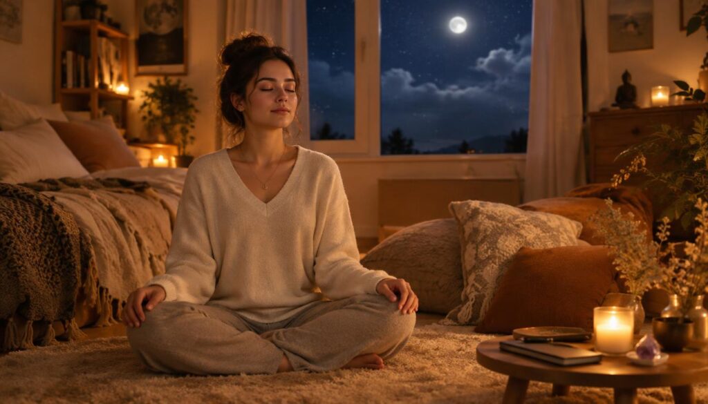 A listener choosing a quiet bedtime meditation routine