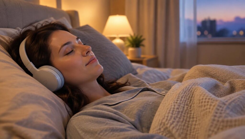 A peaceful bedroom scene featuring a person comfortably lying on a soft, neatly made bed, wearing stereo headphones designed for sleep sound therapy. The individual, dressed in cozy, modest pajamas, has a relaxed expression, with their eyes gently closed, creating an atmosphere of tranquility. In the foreground, the focus is on the person's serene face and headphones, while the soft, muted colors of the bedding and warm bedside lamp in the middle ground create a cozy setting. In the background, a soft glow from a window hints at twilight, adding to the calming mood. The lighting is warm and soft, enhancing the feeling of relaxation and peace, captured with a gentle focus that emphasizes the restful ambiance.