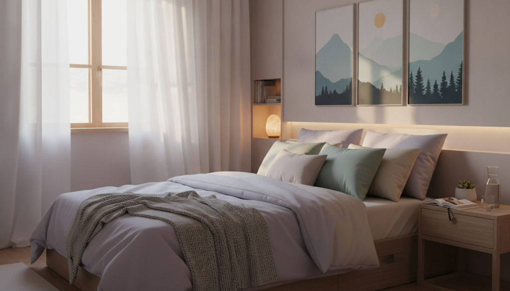 A serene bedroom scene promoting mindful sleep hygiene. In the foreground, a comfortable, neatly made bed with soft, calming blankets and pillows in gentle pastel colors. A bedside table holds a small plant, a glass of water, and an open book for relaxation. In the middle, a window draped with sheer curtains allows soft, warm light to fill the room, creating a peaceful ambiance. On the wall, subtle artwork of nature adds to the tranquility. In the background, dim, warm lighting contributes to a cozy mood. The overall atmosphere evokes relaxation and mindfulness, symbolizing a space for conscious relaxation and restful sleep. The image should be inviting and create a sense of calm. A serene bedroom scene promoting mindful sleep hygiene. In the foreground, a comfortable, neatly made bed with soft, calming blankets and pillows in gentle pastel colors. A bedside table holds a small plant, a glass of water, and an open book for relaxation. In the middle, a window draped with sheer curtains allows soft, warm light to fill the room, creating a peaceful ambiance. On the wall, subtle artwork of nature adds to the tranquility. In the background, dim, warm lighting contributes to a cozy mood. The overall atmosphere evokes relaxation and mindfulness, symbolizing a space for conscious relaxation and restful sleep. The image should be inviting and create a sense of calm.