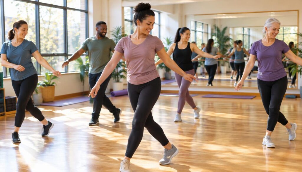 A serene dance studio setting with warm, natural light streaming through large windows. In the foreground, a diverse group of individuals wearing comfortable fitness attire, such as yoga pants and fitted t-shirts, gracefully perform low-impact dance steps. Their expressions reflect focus and joy, as they replace traditional jumps with steady, controlled movements. In the middle ground, mirrors reflect the dancers' synchronized movements, enhancing the sense of connection and unity. The background features wooden floors, soft exercise mats, and potted plants, all contributing to a tranquil atmosphere. Soft shadows and gentle highlights create an inviting, uplifting mood. The overall composition emphasizes the beauty and accessibility of dance as a form of low-impact exercise, celebrating fitness for all levels.