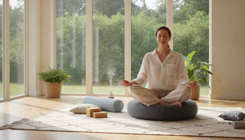 A serene indoor space designed for meditation, featuring a calm, light-filled room with soft natural light streaming through large windows. In the foreground, a person in modest casual clothing sits on a comfortable meditation cushion, palms resting on their knees, displaying a relaxed demeanor. In the background, lush greenery can be seen through the windows, enhancing the tranquility of the environment. Gentle yoga props and a soft, inviting rug complete the scene, giving a sense of warmth and comfort. The lighting emphasizes soft shadows and highlights, creating a peaceful atmosphere. The overall mood is one of calm and focus, reflecting the theme of establishing a meditation routine even on challenging days, encouraging simplicity and reflection. A serene indoor space designed for meditation, featuring a calm, light-filled room with soft natural light streaming through large windows. In the foreground, a person in modest casual clothing sits on a comfortable meditation cushion, palms resting on their knees, displaying a relaxed demeanor. In the background, lush greenery can be seen through the windows, enhancing the tranquility of the environment. Gentle yoga props and a soft, inviting rug complete the scene, giving a sense of warmth and comfort. The lighting emphasizes soft shadows and highlights, creating a peaceful atmosphere. The overall mood is one of calm and focus, reflecting the theme of establishing a meditation routine even on challenging days, encouraging simplicity and reflection.