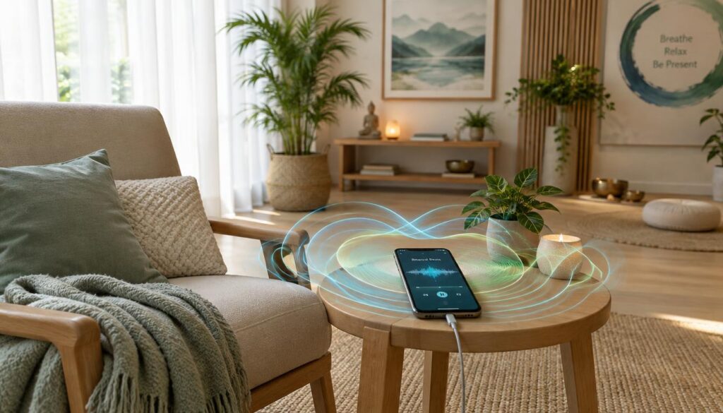 A serene indoor space designed for sound healing. In the foreground, a cozy, softly-lit area features a comfortable chair next to a small side table with a smartphone playing binaural beats. The chair is adorned with calming cushions and a blanket. In the middle, a calming representation of sound waves circles around the smartphone, illustrated as gentle, flowing lines in soothing colors like blue and green. In the background, a peaceful room with light wood accents has plants and calming artwork that evoke relaxation. Natural light filters through sheer curtains, creating an inviting atmosphere. The overall mood is tranquil, promoting a sense of peace and mindfulness.