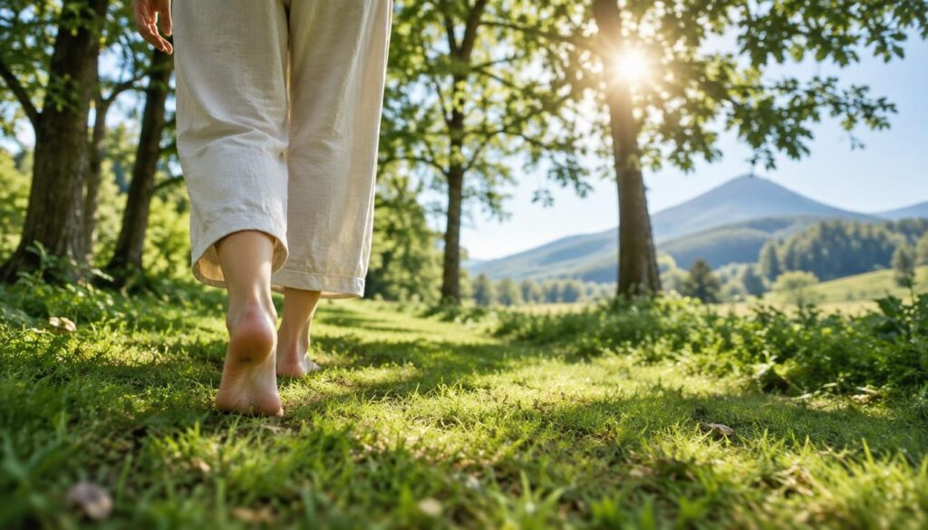 A serene outdoor scene capturing the benefits of barefoot walking... A serene outdoor scene capturing the benefits of barefoot walking...