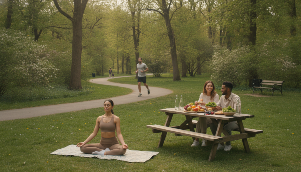 A serene park scene depicting diverse individuals engaging in healthy habit formation. In the foreground, a woman in modest athletic wear practices yoga on a mat, embodying mindfulness and focus. Beside her, a couple shares a nutritious meal at a picnic table, surrounded by vibrant fruits and vegetables, emphasizing healthy eating. In the middle ground, a man jogs along a winding path, showcasing physical activity and movement. The background is a lush, green landscape with trees and soft, diffused sunlight filtering through the leaves, creating a warm and inviting atmosphere. The image captures an overall mood of tranquility, motivation, and the joy of cultivating healthy habits through consistency, shot from a slightly elevated angle to encapsulate the lively environment. A serene park scene depicting diverse individuals engaging in healthy habit formation. In the foreground, a woman in modest athletic wear practices yoga on a mat, embodying mindfulness and focus. Beside her, a couple shares a nutritious meal at a picnic table, surrounded by vibrant fruits and vegetables, emphasizing healthy eating. In the middle ground, a man jogs along a winding path, showcasing physical activity and movement. The background is a lush, green landscape with trees and soft, diffused sunlight filtering through the leaves, creating a warm and inviting atmosphere. The image captures an overall mood of tranquility, motivation, and the joy of cultivating healthy habits through consistency, shot from a slightly elevated angle to encapsulate the lively environment.
