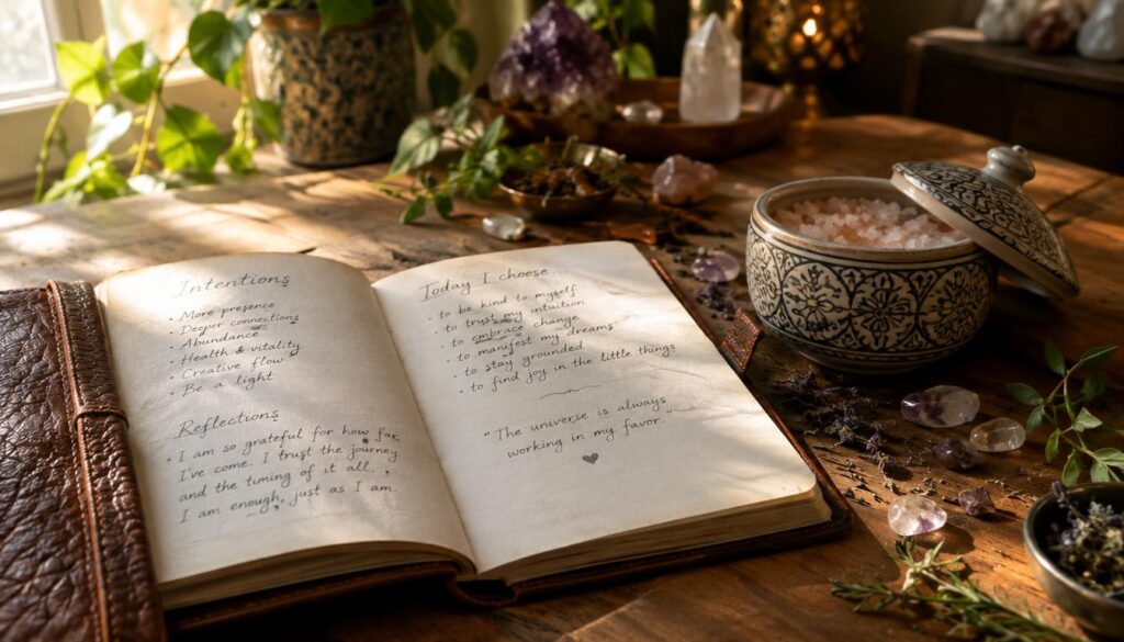 A serene setting featuring a journal with a textured leather cover and a covered salt bowl, symbolizing intention setting rituals. The journal lies open, with elegantly handwritten notes on the pages, displaying thoughtful reflections. The salt bowl, made of ceramic, is adorned with intricate patterns and a delicate lid slightly ajar. In the foreground, soft natural light softly illuminates the scene, casting gentle shadows that enhance the warm atmosphere. The middle ground includes a cozy, well-worn wooden table, scattered with small crystals and herbs, evoking a sense of tranquility and mindfulness. In the background, there are hints of plants and crystals, creating a calming, harmonious environment. The overall mood is peaceful and reflective, perfect for a spiritual setting.