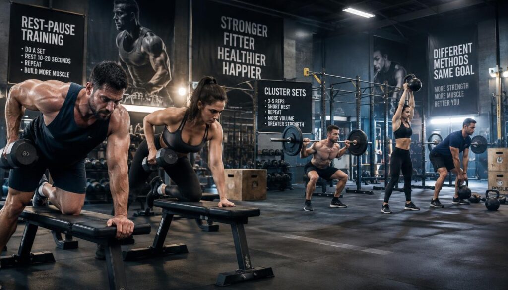 A sophisticated gym environment showcasing two distinct workout methods in action: in the foreground, a male and female athlete in modest athletic attire perform Rest-pause training, showcasing intense focus and determination. They are lifting weights, emphasizing their muscular build and proper form. In the middle, another set of athletes execute cluster sets, highlighting their varied exercise routines with barbell and kettlebell movements. The background features a modern gym with motivational posters and lighting that creates a dynamic atmosphere. Use soft, dramatic lighting to enhance muscle definition, capturing the essence of strength training. The angle should provide a panoramic view that conveys energy and motivation, illustrating the contrasts and benefits of both training styles cohesively.