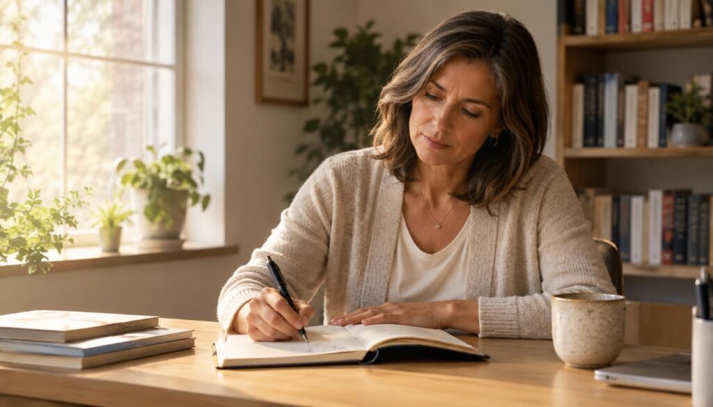 A thoughtfully composed scene of a person sitting at a clean, modern desk in a softly lit room, surrounded by calming, neutral colors. In the foreground, the individual, a middle-aged person dressed in smart casual attire, is intently writing in a notebook, with a look of contemplation on their face, embodying a sense of peace and resolution. The middle layer features a window with gentle daylight streaming in, illuminating the space and creating a warm, inviting atmosphere. In the background, subtle hints of indoor plants and shelves filled with books suggest a nurturing, introspective environment. The lighting is soft and natural, mimicking a late afternoon glow, fostering an ambiance of reflection and preparation for an important conversation. A thoughtfully composed scene of a person sitting at a clean, modern desk in a softly lit room, surrounded by calming, neutral colors. In the foreground, the individual, a middle-aged person dressed in smart casual attire, is intently writing in a notebook, with a look of contemplation on their face, embodying a sense of peace and resolution. The middle layer features a window with gentle daylight streaming in, illuminating the space and creating a warm, inviting atmosphere. In the background, subtle hints of indoor plants and shelves filled with books suggest a nurturing, introspective environment. The lighting is soft and natural, mimicking a late afternoon glow, fostering an ambiance of reflection and preparation for an important conversation.