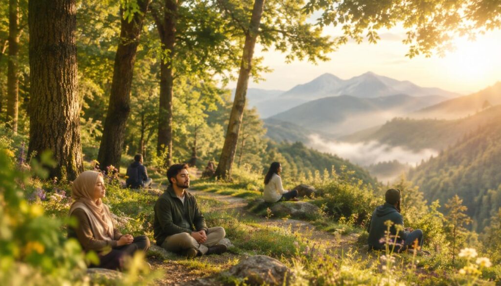 A tranquil nature walk in a lush, green forest, featuring winding paths surrounded by gentle hills and vibrant wildflowers. In the foreground, a diverse group of individuals dressed in modest, casual clothing, engaged in quiet reflection and meditation. Soft sunlight filters through the leaves, creating a warm, golden glow that highlights their peaceful expressions. In the middle ground, tall trees with rich, textured bark stand sentinel, their branches forming a natural canopy overhead. The background reveals a serene mountain range bathed in mist, evoking a sense of distance and calm. The atmosphere is serene and introspective, perfect for spiritual integration, inviting viewers to feel the tranquility and connection to nature. Use a soft-focus lens effect to add warmth and a dreamlike quality to the image. A tranquil nature walk in a lush, green forest, featuring winding paths surrounded by gentle hills and vibrant wildflowers. In the foreground, a diverse group of individuals dressed in modest, casual clothing, engaged in quiet reflection and meditation. Soft sunlight filters through the leaves, creating a warm, golden glow that highlights their peaceful expressions. In the middle ground, tall trees with rich, textured bark stand sentinel, their branches forming a natural canopy overhead. The background reveals a serene mountain range bathed in mist, evoking a sense of distance and calm. The atmosphere is serene and introspective, perfect for spiritual integration, inviting viewers to feel the tranquility and connection to nature. Use a soft-focus lens effect to add warmth and a dreamlike quality to the image.