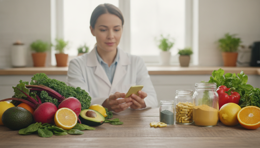 A vibrant and informative scene illustrating essential nutrients and supplements for liver health. In the foreground, a wooden table displays an array of colorful fruits and vegetables, such as beets, leafy greens, avocados, and citrus fruits, symbolizing detoxification. Glass containers filled with supplements like milk thistle and curcumin are strategically placed among the produce. In the middle ground, a healthy person in a light, professional outfit is gently inspecting the ingredients with a look of curiosity and engagement. The background features a sunlit kitchen with plants and herbs, creating a warm and inviting atmosphere. Soft natural lighting highlights the textures of the foods, while a shallow depth of field softly blurs the background to maintain focus on the elements promoting liver resilience. A vibrant and informative scene illustrating essential nutrients and supplements for liver health. In the foreground, a wooden table displays an array of colorful fruits and vegetables, such as beets, leafy greens, avocados, and citrus fruits, symbolizing detoxification. Glass containers filled with supplements like milk thistle and curcumin are strategically placed among the produce. In the middle ground, a healthy person in a light, professional outfit is gently inspecting the ingredients with a look of curiosity and engagement. The background features a sunlit kitchen with plants and herbs, creating a warm and inviting atmosphere. Soft natural lighting highlights the textures of the foods, while a shallow depth of field softly blurs the background to maintain focus on the elements promoting liver resilience.