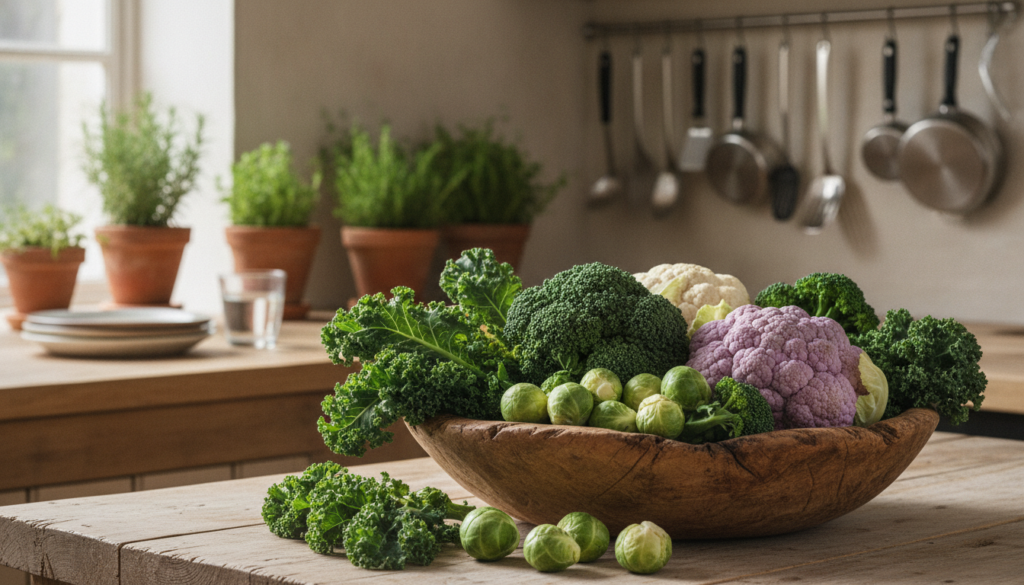 A vibrant arrangement of fresh cruciferous vegetables, such as broccoli, kale, Brussels sprouts, and cauliflower, displayed in a rustic wooden bowl. In the foreground, individual leaves and florets are artistically scattered around the bowl, showcasing their rich green colors and textures. The middle ground features a beautifully illuminated kitchen setting with a wooden countertop and soft, natural light filtering through a nearby window, enhancing the freshness of the vegetables. In the background, blurred herbal plants and cooking utensils add warmth to the scene. The overall atmosphere conveys a sense of health, vitality, and natural beauty, emphasizing the importance of liver-supportive foods. A vibrant arrangement of fresh cruciferous vegetables, such as broccoli, kale, Brussels sprouts, and cauliflower, displayed in a rustic wooden bowl. In the foreground, individual leaves and florets are artistically scattered around the bowl, showcasing their rich green colors and textures. The middle ground features a beautifully illuminated kitchen setting with a wooden countertop and soft, natural light filtering through a nearby window, enhancing the freshness of the vegetables. In the background, blurred herbal plants and cooking utensils add warmth to the scene. The overall atmosphere conveys a sense of health, vitality, and natural beauty, emphasizing the importance of liver-supportive foods.