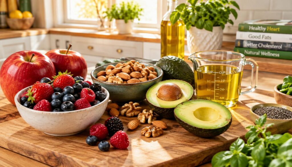 A vibrant composition showcasing an array of healthy foods aimed at improving cholesterol levels. In the foreground, a variety of fresh fruits – including shiny red apples, juicy berries, and ripe avocados – neatly arranged on a wooden cutting board. In the middle layer, a small bowl filled with almonds and walnuts adds texture, while a measuring cup with olive oil shines invitingly. The background features a sunlit kitchen with soft, warm lighting reflecting off white cabinets and a potted herb plant, creating a cozy atmosphere. The angle should be slightly above eye level to capture the rich colors and details of the ingredients. The overall mood evokes a sense of healthiness and natural wellness, emphasizing the benefits of diet on cholesterol management without any human presence. A vibrant composition showcasing an array of healthy foods aimed at improving cholesterol levels. In the foreground, a variety of fresh fruits – including shiny red apples, juicy berries, and ripe avocados – neatly arranged on a wooden cutting board. In the middle layer, a small bowl filled with almonds and walnuts adds texture, while a measuring cup with olive oil shines invitingly. The background features a sunlit kitchen with soft, warm lighting reflecting off white cabinets and a potted herb plant, creating a cozy atmosphere. The angle should be slightly above eye level to capture the rich colors and details of the ingredients. The overall mood evokes a sense of healthiness and natural wellness, emphasizing the benefits of diet on cholesterol management without any human presence.