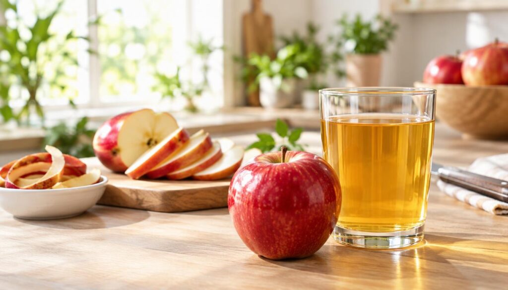 A vibrant composition showcasing the wellness benefits of whole apples juxtaposed with clear apple juice. In the foreground, place a glossy red apple and a glass of clear apple juice, both illuminated under soft, natural light, highlighting their textures. The middle ground should feature a wooden cutting board with slices of the apple fanned out, revealing the crisp flesh inside, alongside a small dish of apple peel, symbolizing fiber content. In the background, a serene kitchen setting with greenery in soft focus, including sunlit windows and light wood accents, creating a warm, inviting atmosphere. Use a shallow depth of field to keep the focus on the apples and juice, evoking a sense of freshness and healthiness while maintaining a professional look. A vibrant composition showcasing the wellness benefits of whole apples juxtaposed with clear apple juice. In the foreground, place a glossy red apple and a glass of clear apple juice, both illuminated under soft, natural light, highlighting their textures. The middle ground should feature a wooden cutting board with slices of the apple fanned out, revealing the crisp flesh inside, alongside a small dish of apple peel, symbolizing fiber content. In the background, a serene kitchen setting with greenery in soft focus, including sunlit windows and light wood accents, creating a warm, inviting atmosphere. Use a shallow depth of field to keep the focus on the apples and juice, evoking a sense of freshness and healthiness while maintaining a professional look.