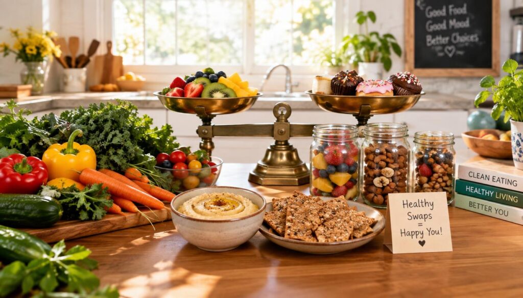A vibrant kitchen scene subtly highlighting healthy food swaps. In the foreground, a polished wooden table displays an array of fresh vegetables like bell peppers, carrots, and leafy greens alongside healthier versions of common snacks, such as whole grain crackers and hummus, replacing chips. In the middle, glass jars filled with colorful fruits and nuts add a playful touch, while a brass scale balances two bowls of sliced fruits and sugary desserts, emphasizing the swap concept. The background shows a sunlit kitchen with soft, warm lighting filtering through a window, creating an inviting atmosphere. The overall mood is uplifting and encouraging, showcasing a clean eating lifestyle.