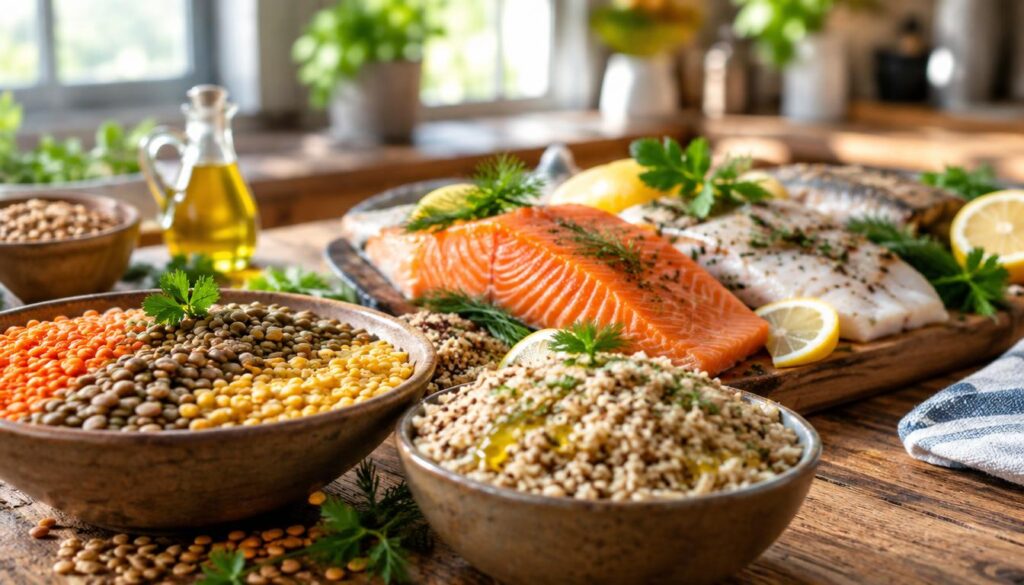 A visually appealing display of lentils, whole grains, and various fish elegantly arranged on a rustic wooden table. In the foreground, a bowl of colorful lentils, showcasing different varieties, alongside a mound of quinoa and brown rice, glistening with a drizzle of olive oil. The middle ground features a selection of fish fillets, including salmon and tilapia, garnished with fresh herbs and lemon slices, emphasizing their rich textures. In the background, a softly blurred kitchen scene with natural light streaming in through a window, casting warm highlights across the table. The atmosphere is fresh and inviting, suggesting a nutritious meal. The composition is shot with a shallow depth of field, using a 50mm lens, to focus on the food while maintaining a pleasant bokeh effect in the background.