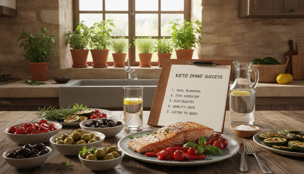 A visually engaging composition illustrating "tips for success with keto OMAD" in a Mediterranean context. In the foreground, a beautifully arranged table featuring vibrant Mediterranean dishes, such as olives, grilled vegetables, and a succulent piece of fatty fish, garnished with herbs, all on elegant dinnerware. The middle layer showcases a notepad and pen with bullet points outlining common challenges like meal planning and staying hydrated, hinted at with subtle cues like a glass of water. In the background, a soft, sunlit kitchen with stone walls and potted herbs creates a warm, inviting atmosphere. The lighting is bright and natural, streaming through a window, evoking a sense of abundance and positivity.