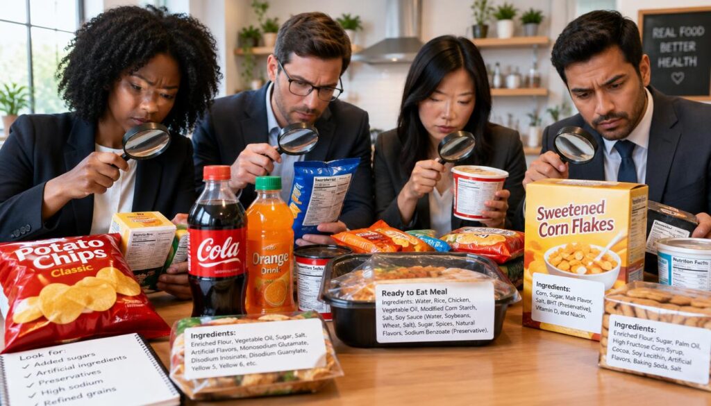 A visually engaging scene illustrating how to spot ultra-processed foods. In the foreground, a diverse group of individuals in professional business attire, examining food products with magnifying glasses. They are analyzing labels and ingredients, showcasing their focused expressions. In the middle ground, a variety of common ultra-processed foods, like brightly packaged snacks, sugary beverages, and ready-to-eat meals, arranged on a table, clearly displaying ingredient lists. The background features a kitchen setting with soft, natural lighting streaming in, creating a warm and inviting atmosphere. The overall mood is educational and proactive, encouraging viewers to learn about food transparency and health awareness. The lens focuses sharply on the individuals' interactions with the food items, enhancing the message of the importance of identifying processed foods.