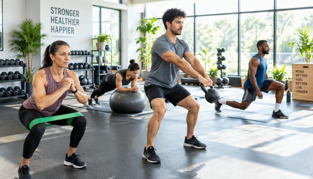 A well-lit fitness studio showcasing a diverse group of individuals engaged in various functional movement exercises. In the foreground, a middle-aged woman performs a squat with a resistance band, demonstrating strength and balance. Next to her, a young man executes a kettlebell swing, emphasizing dynamic motion. In the middle ground, another individual is using a stability ball for core stability exercises, while a fourth participant engages in a lunging stretch. The background features bright natural light streaming through large windows, creating a welcoming atmosphere filled with greenery and fitness equipment. The overall mood is energetic and motivational, ideal for promoting a healthy, sustainable fitness routine. A well-lit fitness studio showcasing a diverse group of individuals engaged in various functional movement exercises. In the foreground, a middle-aged woman performs a squat with a resistance band, demonstrating strength and balance. Next to her, a young man executes a kettlebell swing, emphasizing dynamic motion. In the middle ground, another individual is using a stability ball for core stability exercises, while a fourth participant engages in a lunging stretch. The background features bright natural light streaming through large windows, creating a welcoming atmosphere filled with greenery and fitness equipment. The overall mood is energetic and motivational, ideal for promoting a healthy, sustainable fitness routine.