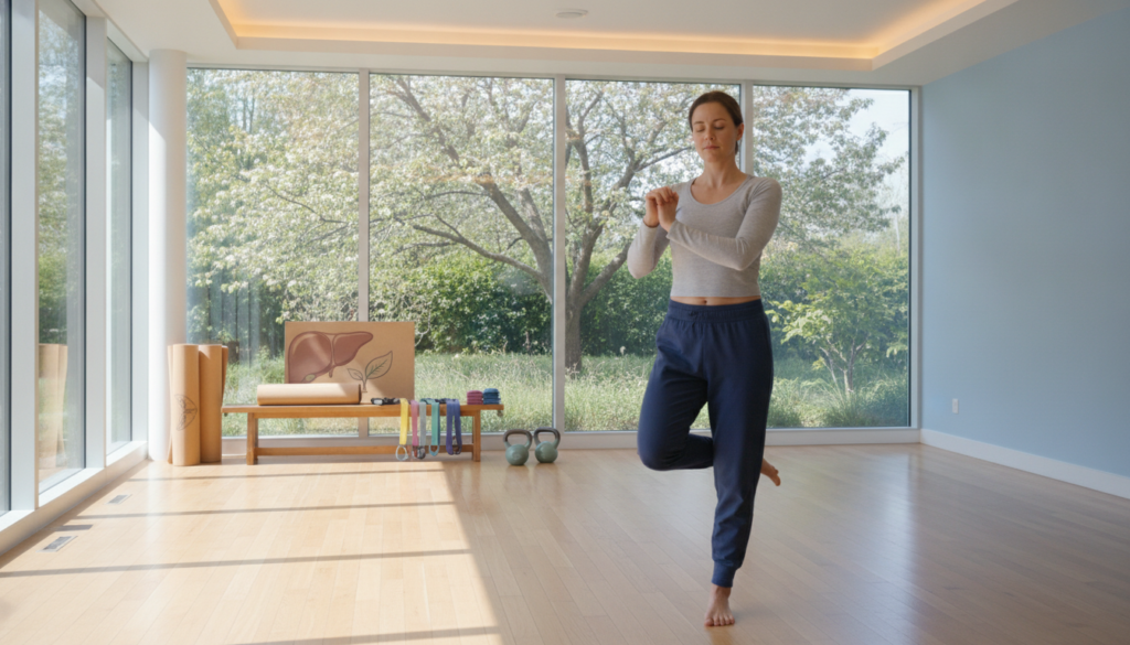 A well-lit fitness studio with large windows allowing natural light to stream in, casting soft shadows on the polished wooden floor. In the foreground, a focused individual in modest athletic wear performs liver health exercises, such as gentle twists and core strengthening movements. Their determined expression showcases commitment to wellness. In the middle ground, various fitness equipment like yoga mats, kettlebells, and resistance bands are neatly arranged, symbolizing a supportive environment for liver health. The background features greenery through the windows, enhancing the feeling of vitality and life. The atmosphere is calm yet uplifting, promoting a sense of community and health consciousness, ideally captured from a slightly elevated angle to encompass the full scene without distractions. A well-lit fitness studio with large windows allowing natural light to stream in, casting soft shadows on the polished wooden floor. In the foreground, a focused individual in modest athletic wear performs liver health exercises, such as gentle twists and core strengthening movements. Their determined expression showcases commitment to wellness. In the middle ground, various fitness equipment like yoga mats, kettlebells, and resistance bands are neatly arranged, symbolizing a supportive environment for liver health. The background features greenery through the windows, enhancing the feeling of vitality and life. The atmosphere is calm yet uplifting, promoting a sense of community and health consciousness, ideally captured from a slightly elevated angle to encompass the full scene without distractions.