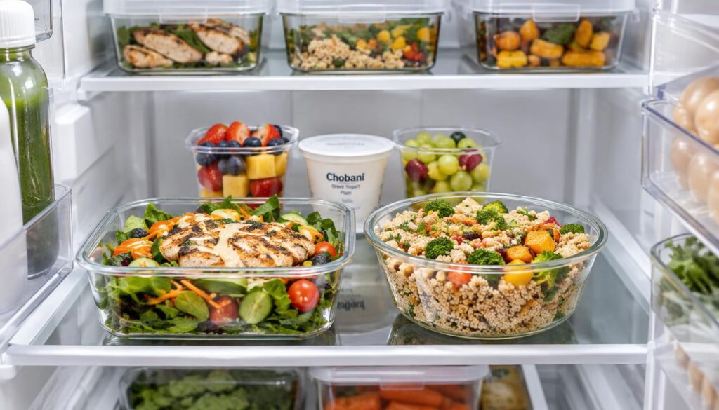 A well-organized refrigerator interior showcasing a neatly arranged lunch, emphasizing a healthy, simple meal option for busy professionals. The foreground features a clear, glass container filled with vibrant, fresh salad topped with grilled chicken, drizzled with a light dressing. Next to it, a wholesome grain bowl with quinoa and colorful vegetables. In the middle, a couple of fruit portions and a small yogurt cup complete the meal. The background shows the fridge's interior with shelves holding other meal prep containers, emphasizing a practical meal prep strategy. The lighting is bright and inviting, casting a soft glow on the food, highlighting freshness and health. The atmosphere is one of preparation and readiness, ideal for supporting a busy lifestyle.