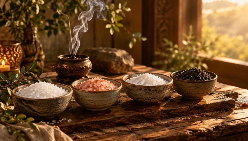 Four elegant bowls made of natural ceramic sit on a richly textured wooden altar, each filled with distinct types of salt: coarse sea salt, pink Himalayan salt, flaky Maldon salt, and black lava salt, glistening under soft, ambient light. Delicate white smoke curls upwards from a small incense burner nearby, blending with the serene atmosphere. A backdrop of muted earth tones and subtle greenery complements the scene, enhancing the ritualistic ambiance. Golden hour sunlight filters through a nearby window, casting warm highlights and gentle shadows across the bowls, creating a sacred and inviting space. The overall mood is tranquil and spiritually enriching, inviting contemplation and reflection.