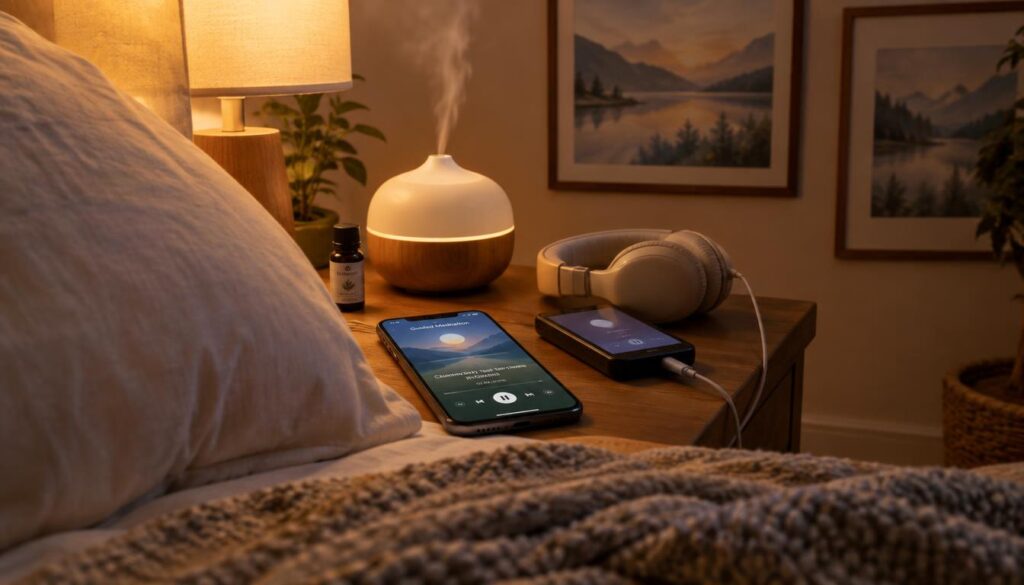 Phone and audio player ready for a bedtime meditation